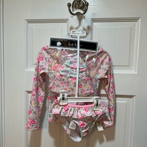 NWT Nicole Miller Swim Toddler Bathing Suit Rash Guard Set with Bucket Hat 4T
